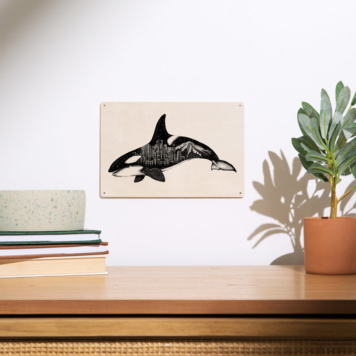 Orca and Seattle Skyline, Double Exposure, Lantern Press Artwork, Wood Signs and Postcards