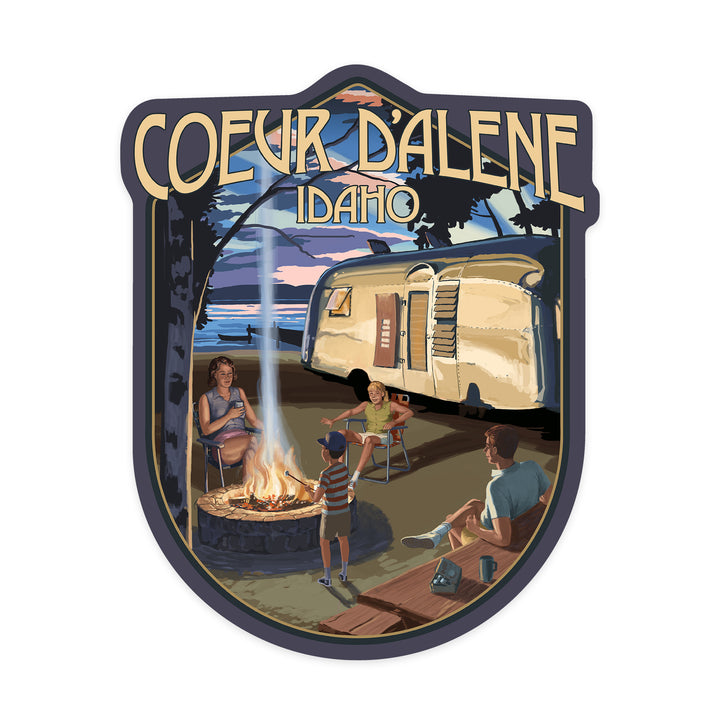 Coeur d'Alene, Idaho, Retro Camper and Lake, Contour, Vinyl Sticker