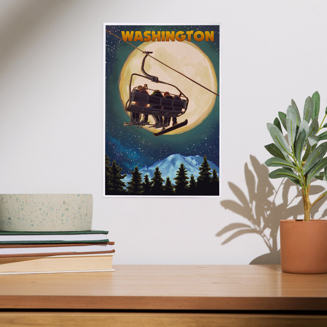 Washington Ski Lift, Full Moon Snowboarder, Art & Giclee Prints
