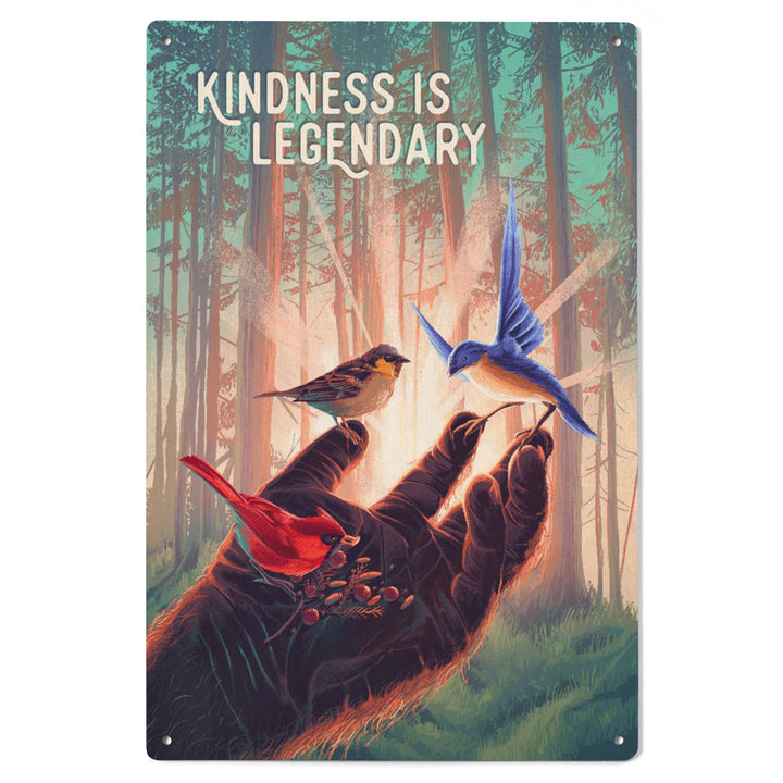 Kindness is Legendary, Bigfoot With Birds, Wood Signs and Postcards - Lantern Press