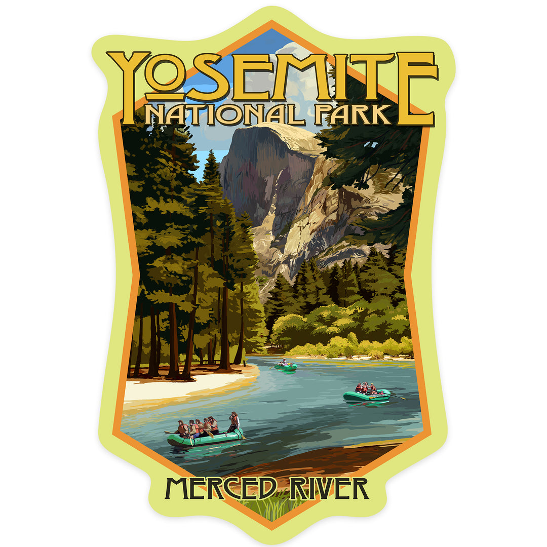 Yosemite National Park, California, Merced River Rafting, Contour, Lantern Press Artwork, Vinyl Sticker