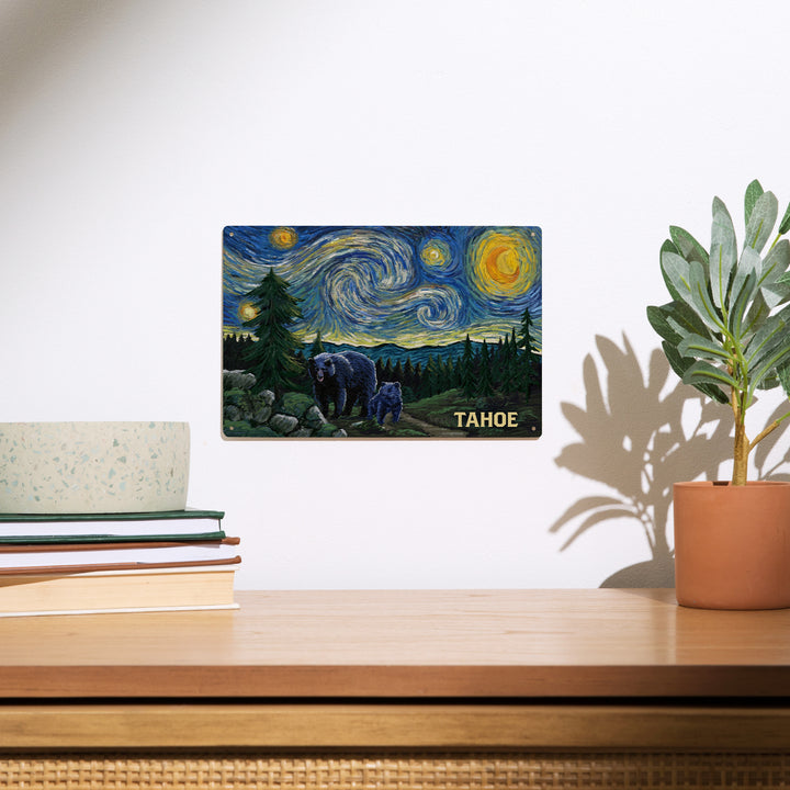 Lake Tahoe, California, Starry Night, Black Bear and Cub, Wood Signs and Postcards