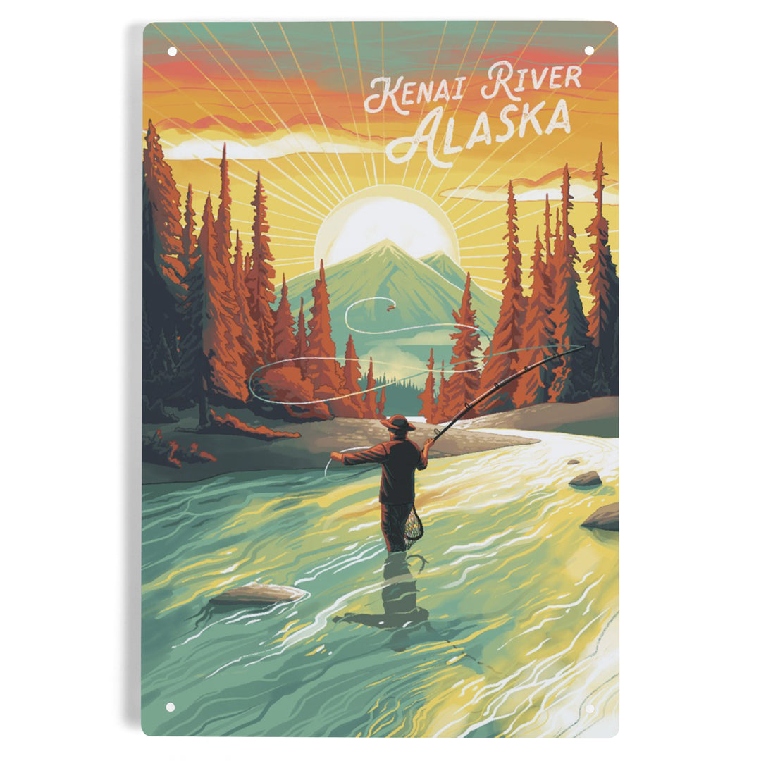 Kenai River, Alaska, This is Living, Fishing with Mountain, Metal Signs - Lantern Press