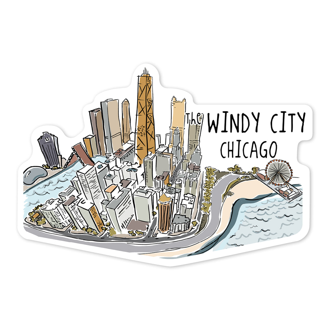 The Windy City, Chicago, Illinois, Cityscape, Line Drawing, Contour, Vinyl Sticker
