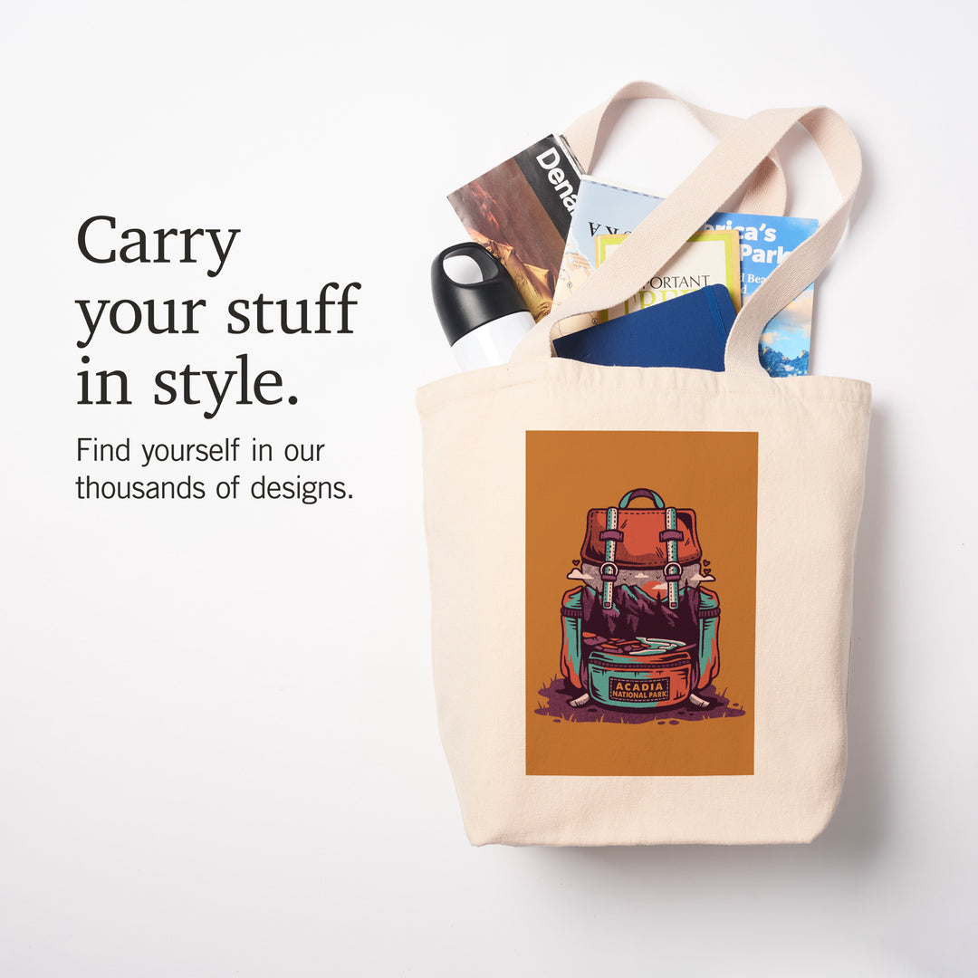 Acadia National Park, Maine, Backpack, Wander More, Distressed Vector, Tote Bag