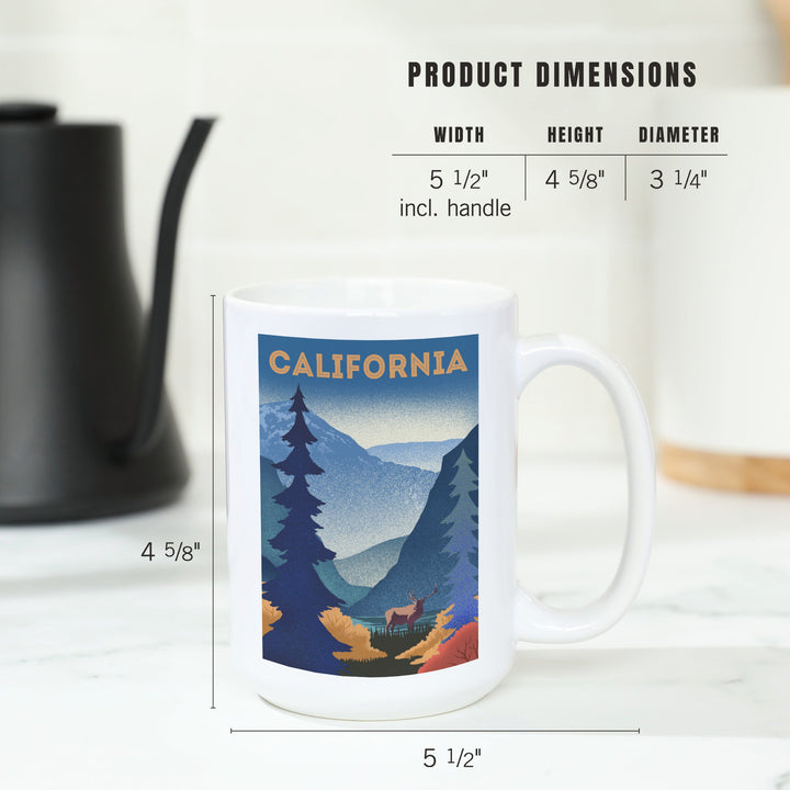 California, Lithograph, Elk and Mountain Scene, Ceramic Mug