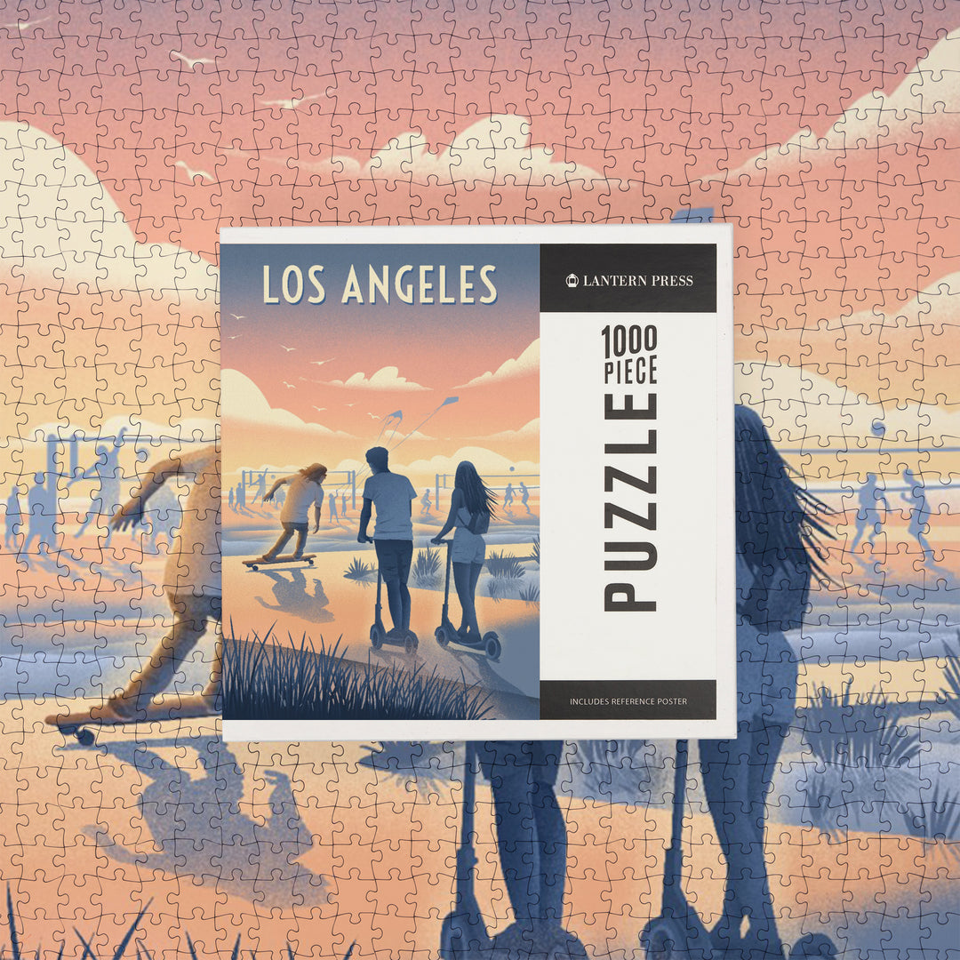 Los Angeles, California, Lithograph, Enjoy the Ride, Longboards and Scooters, Jigsaw Puzzle