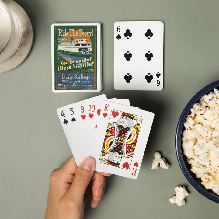 Playing Cards, West Seattle, Ferry Vintage Sign, 52 Card Deck with Jokers in Box, Unique Art
