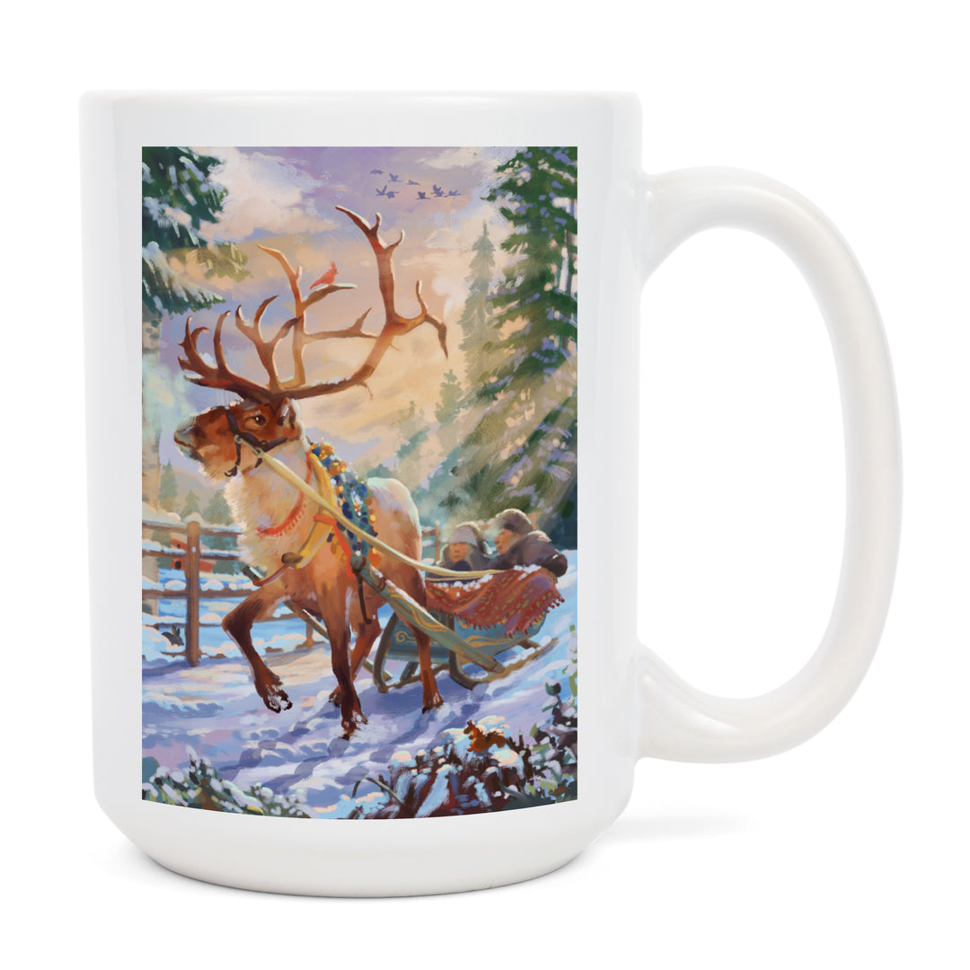 Holiday Tradition, Reindeer Sleigh Ride Through Mountain Snow, Ceramic Mug