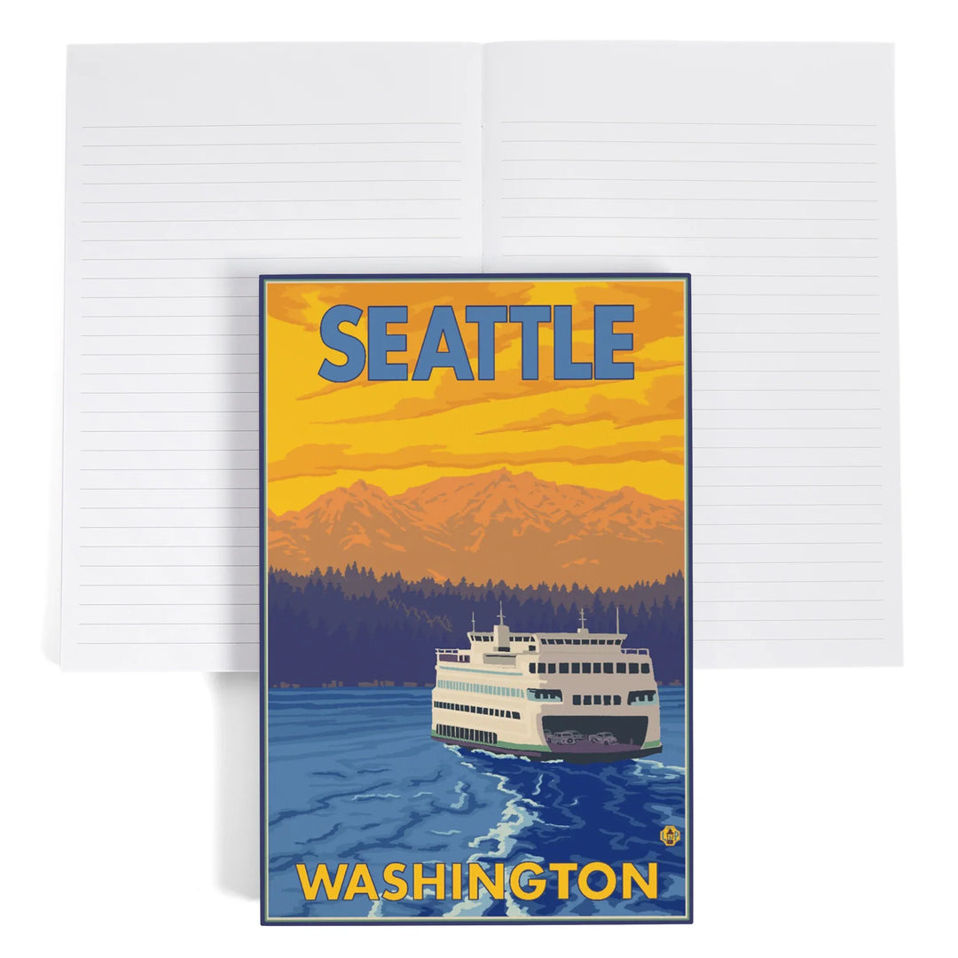 Lined 6x9 Journal, Seattle, Washington, Ferry and Mountains, Lay Flat, 193 Pages, FSC paper