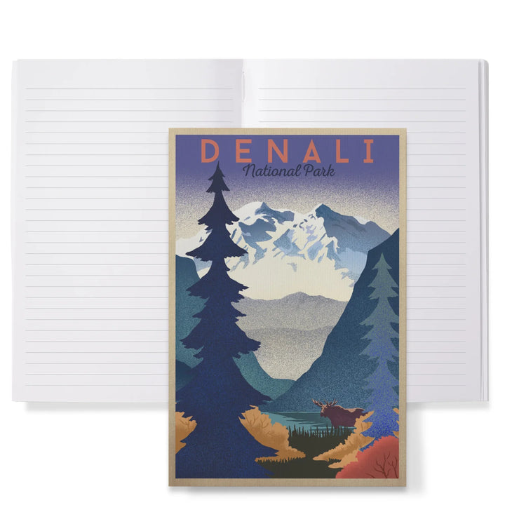 Lined 6x9 Journal, Denali National Park, Mountain Scene, Lithograph, Lay Flat, 193 Pages, FSC paper