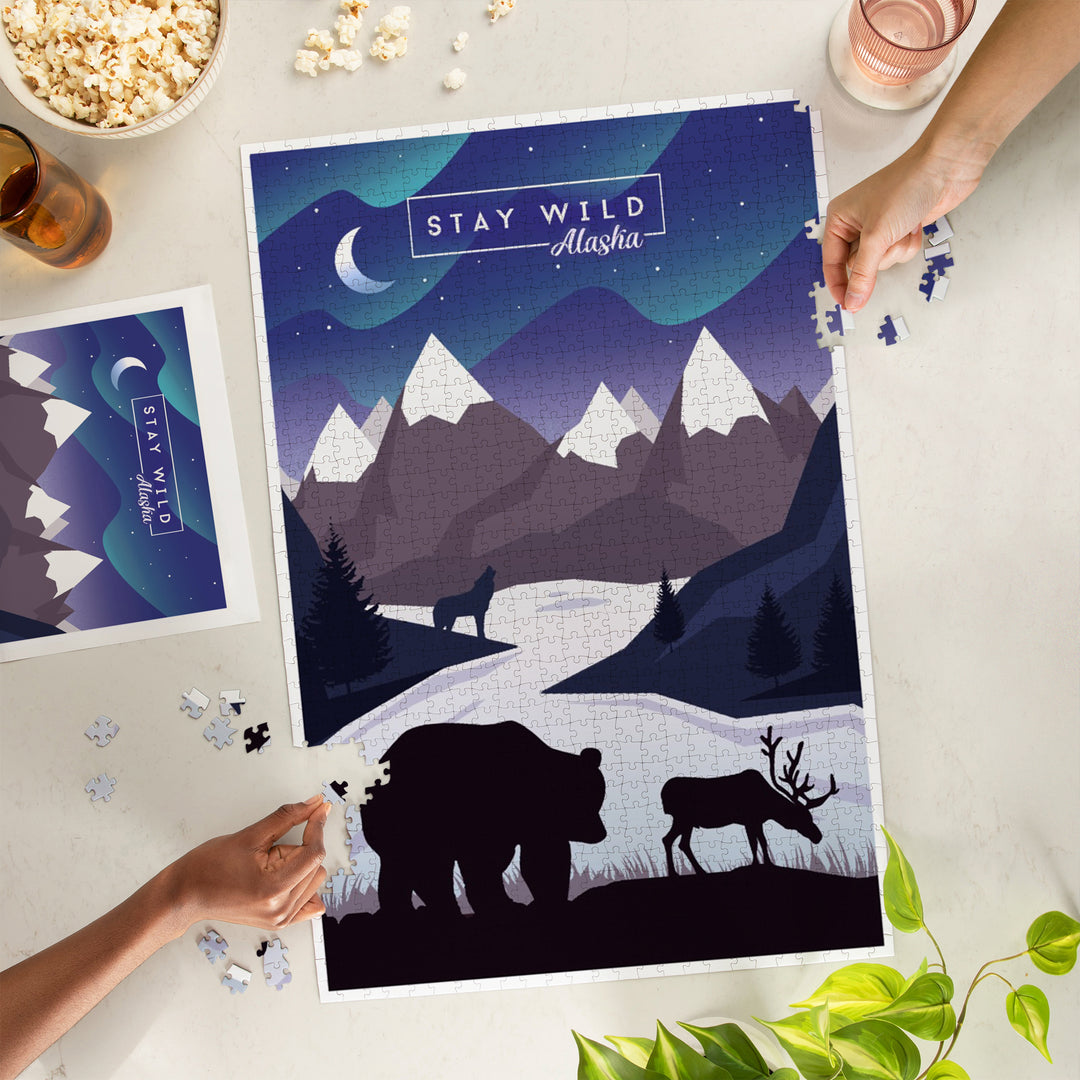 Alaska Northern Lights Night Scene Stay Wild Bear and Mountain Silhouette, Jigsaw Puzzle