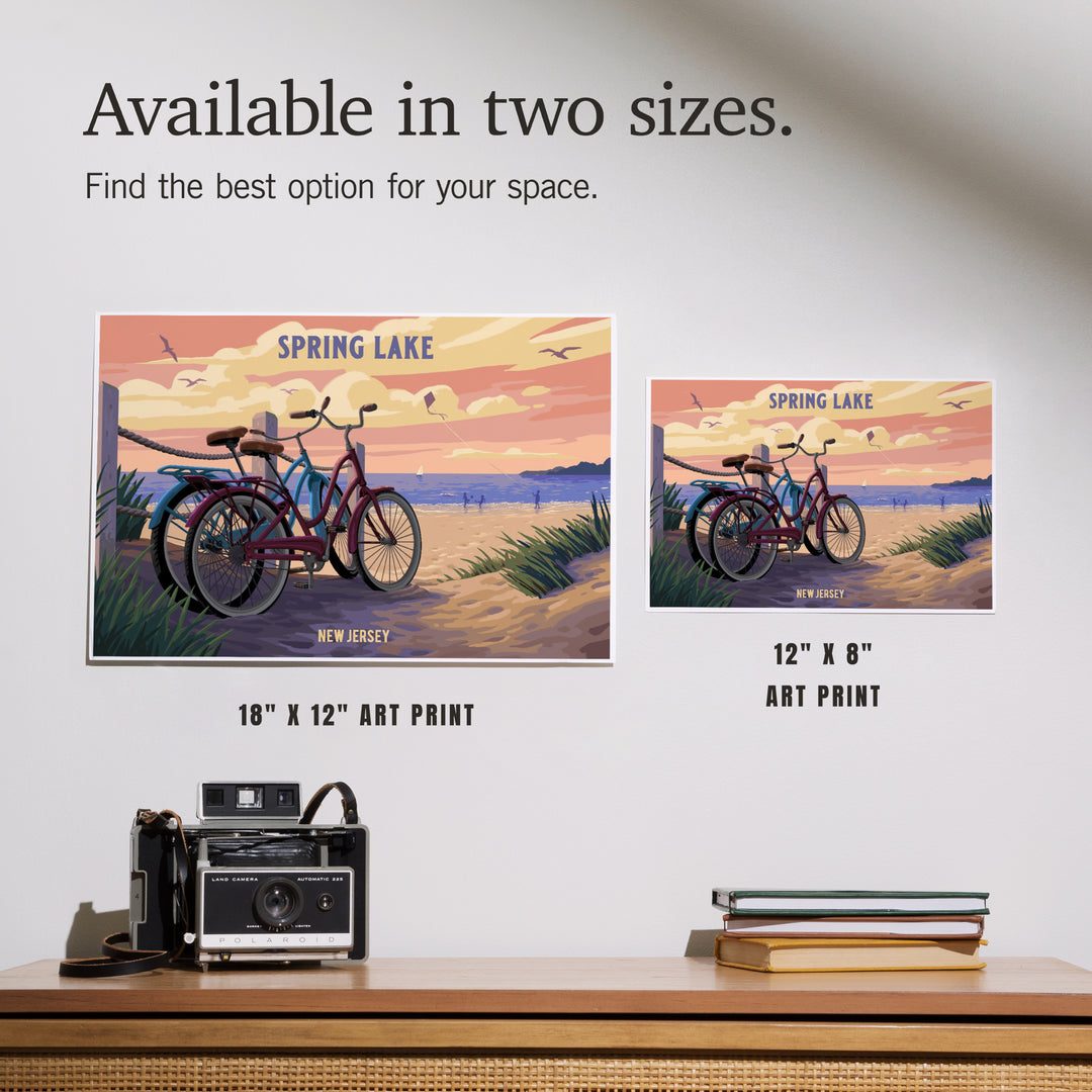 Spring Lake, New Jersey, Painterly, The Beach Is Calling, Beach Bikes art prints, metal signs