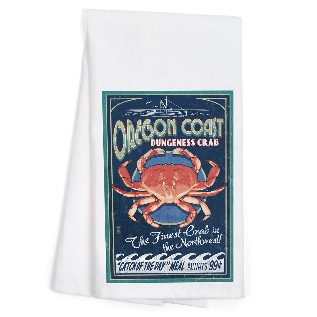 Oregon Coast, Dungeness Crab Vintage Sign, Organic Cotton Kitchen Tea Towels
