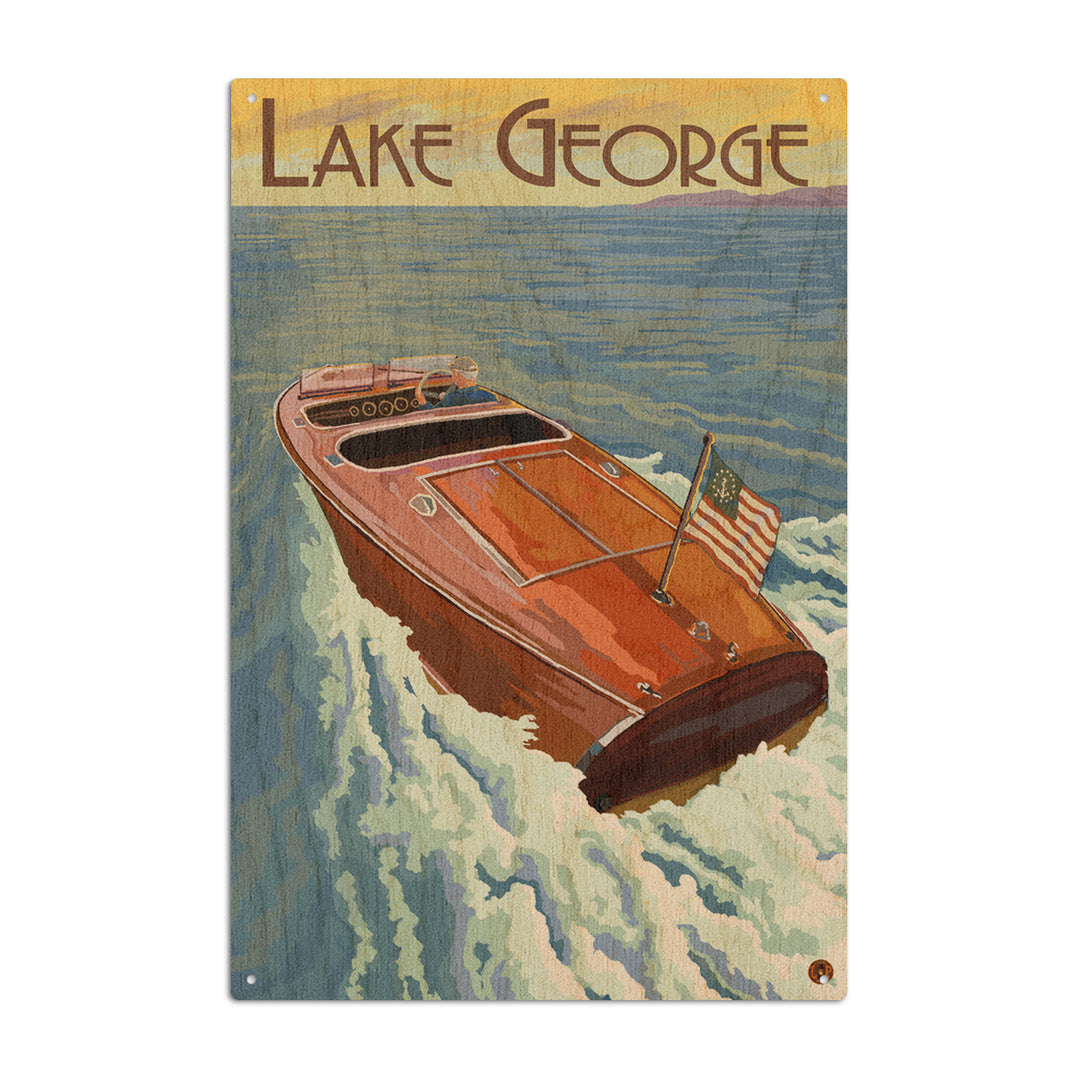 Lake George, New York, Wooden Boat on Lake, Lantern Press Artwork, Wood Signs and Postcards