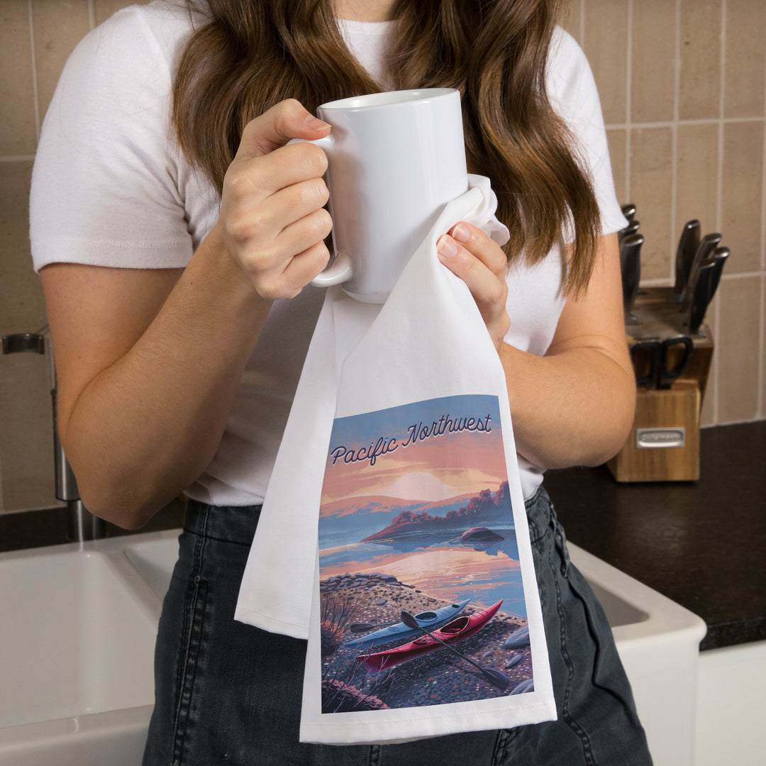 Pacific Northwest, Glassy Sunrise, Kayak, Organic Cotton Kitchen Tea Towels