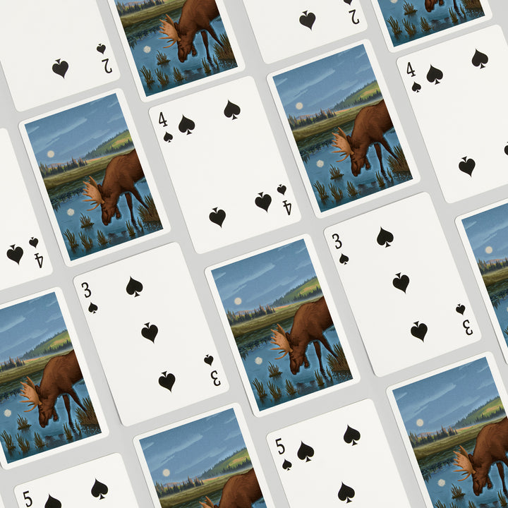 Playing Cards, Lithograph, Reflection Pond and Bull Moose, 52 Card Deck with Jokers in Box, Unique Art