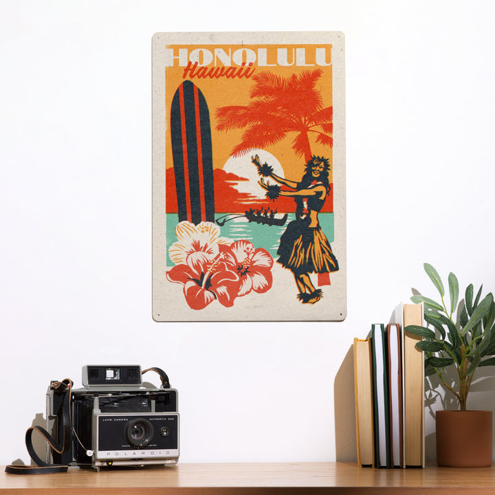 Honolulu, Hawaii, Woodblock City Series, Hula Dancer, 12x18 Metal Sign