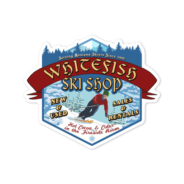 Whitefish, Montana, Ski Shop, Vintage Sign, Contour, Vinyl Sticker