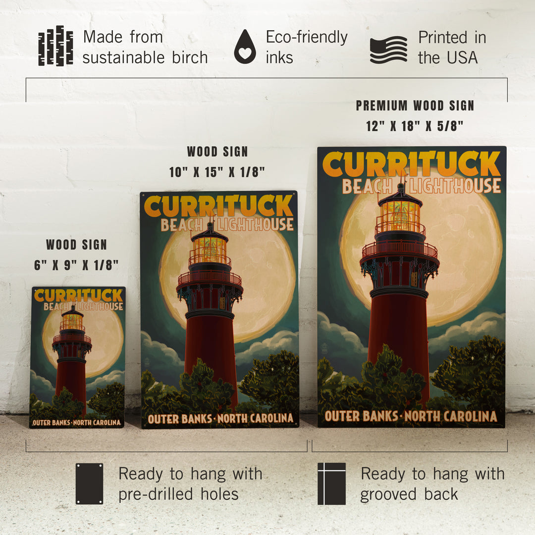 Outer Banks, North Carolina, Currituck Beach Lighthouse & Moon, Lantern Press Artwork, Wood Signs and Postcards