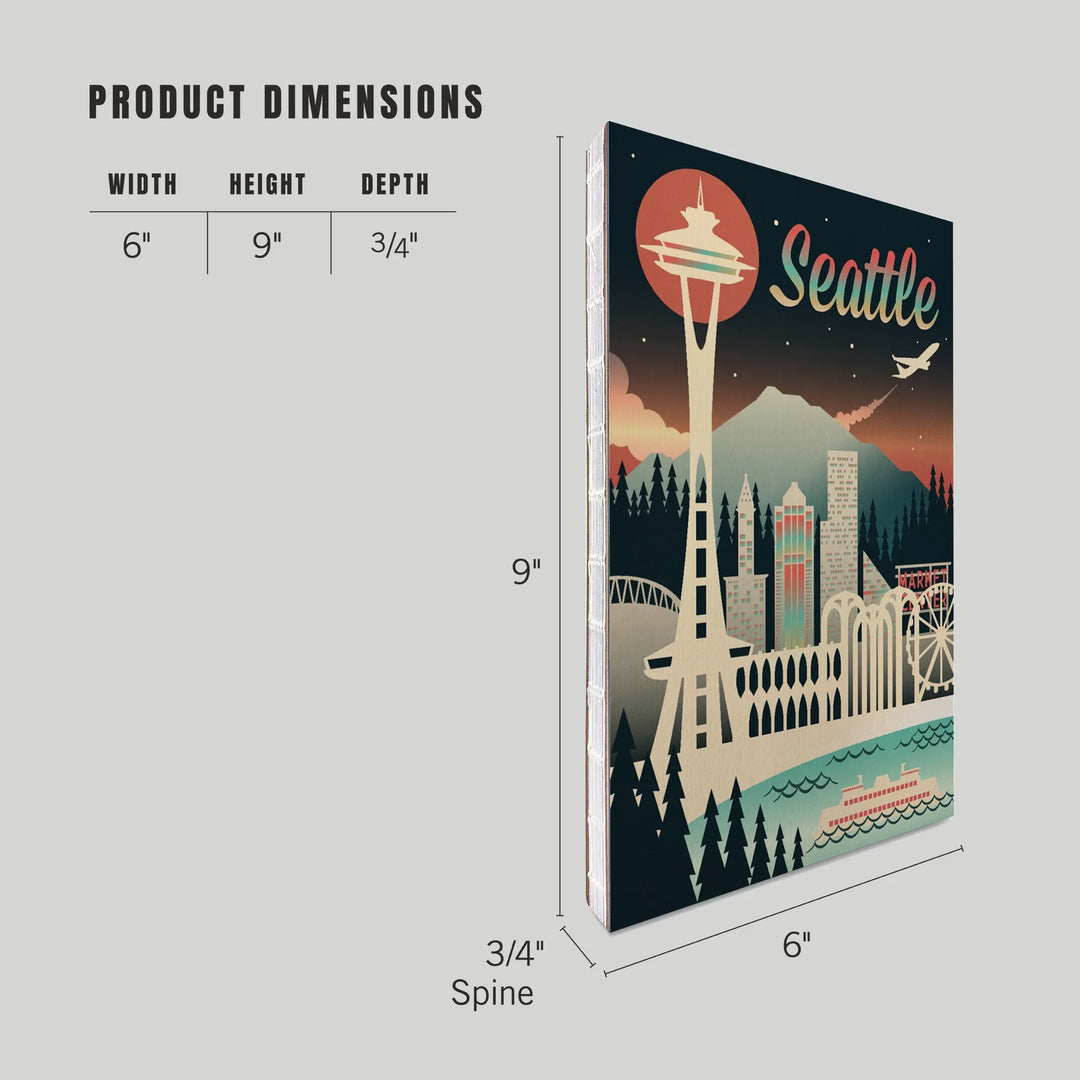 Lined 6x9 Journal, Seattle, Washington, Retro Skyline Chromatic Series, Lay Flat, 193 Pages, FSC paper