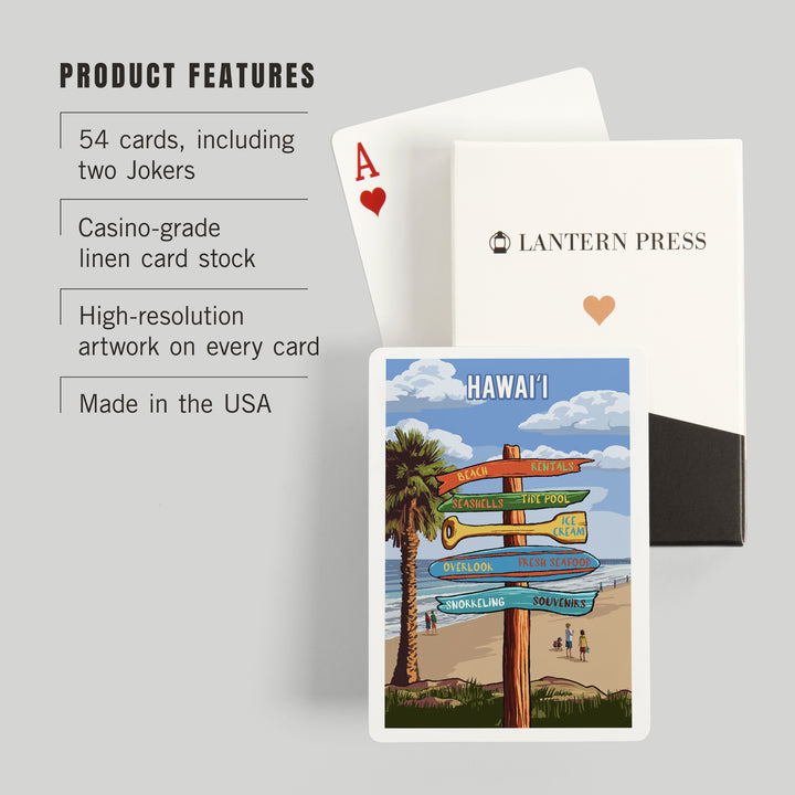 Playing Cards, Hawaii, Signpost, Coast Beach with Palms, 52 Card Deck with Jokers in Box, Unique Art