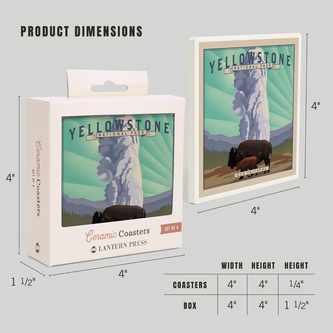 Yellowstone National Park, Wyoming, Old Faithful and Bison, Lithograph National Park Series, Coasters