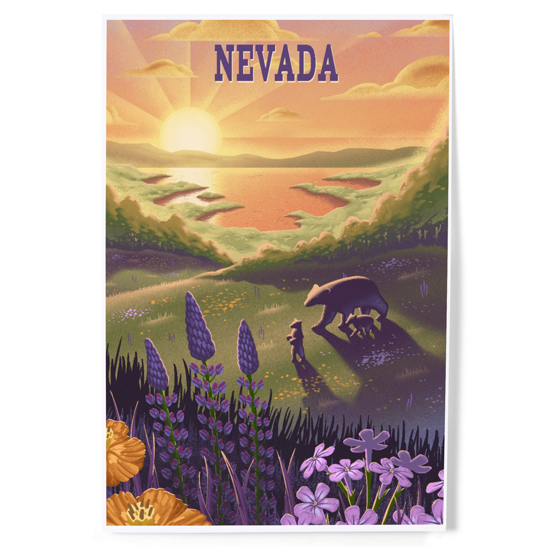 Nevada, Lithograph, Bear and Spring Flowers, Lake, Art & Giclee Prints