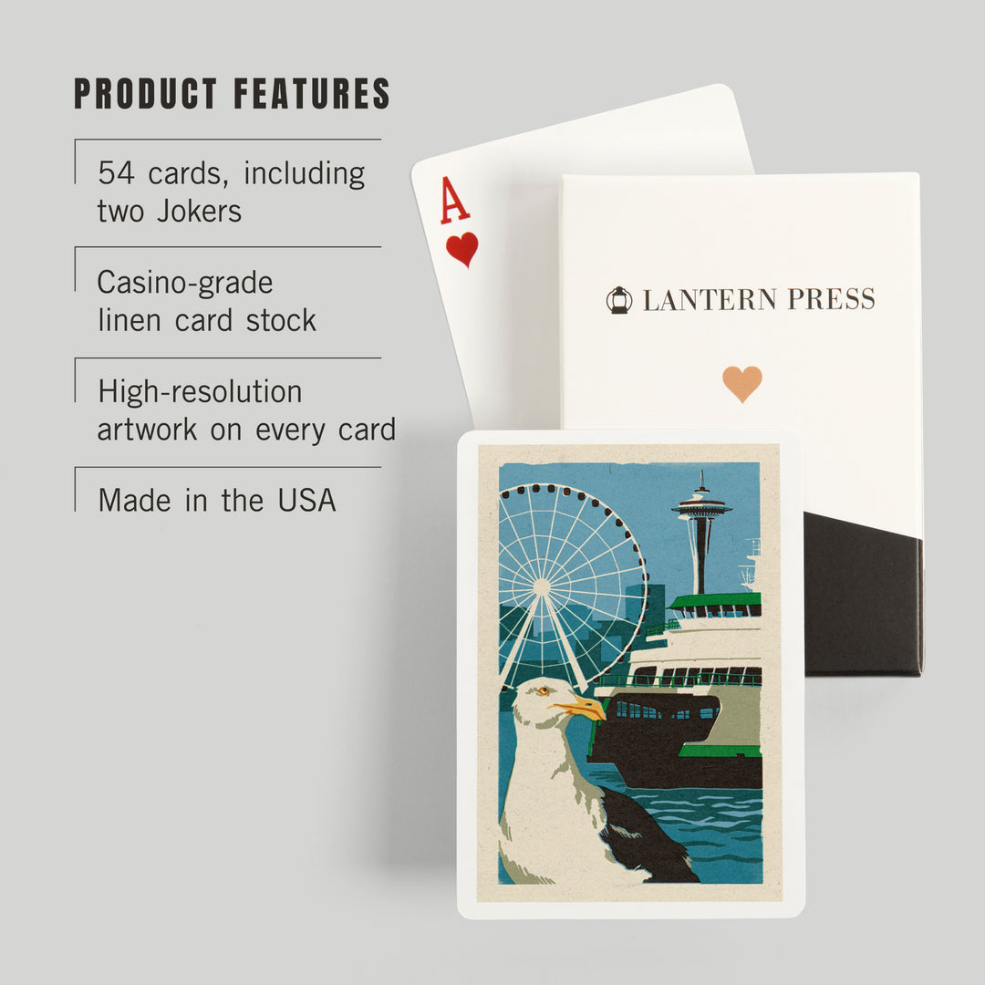 Playing Cards, Seattle, Washington, Woodblock City Series, Waterfront, 52 Card Deck with Jokers in Box, Unique Art