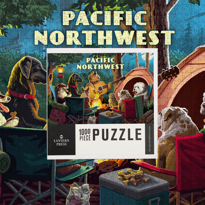 Pacific Northwest, Painterly, Pack Life, Dogs Around Campfire, Jigsaw Puzzle