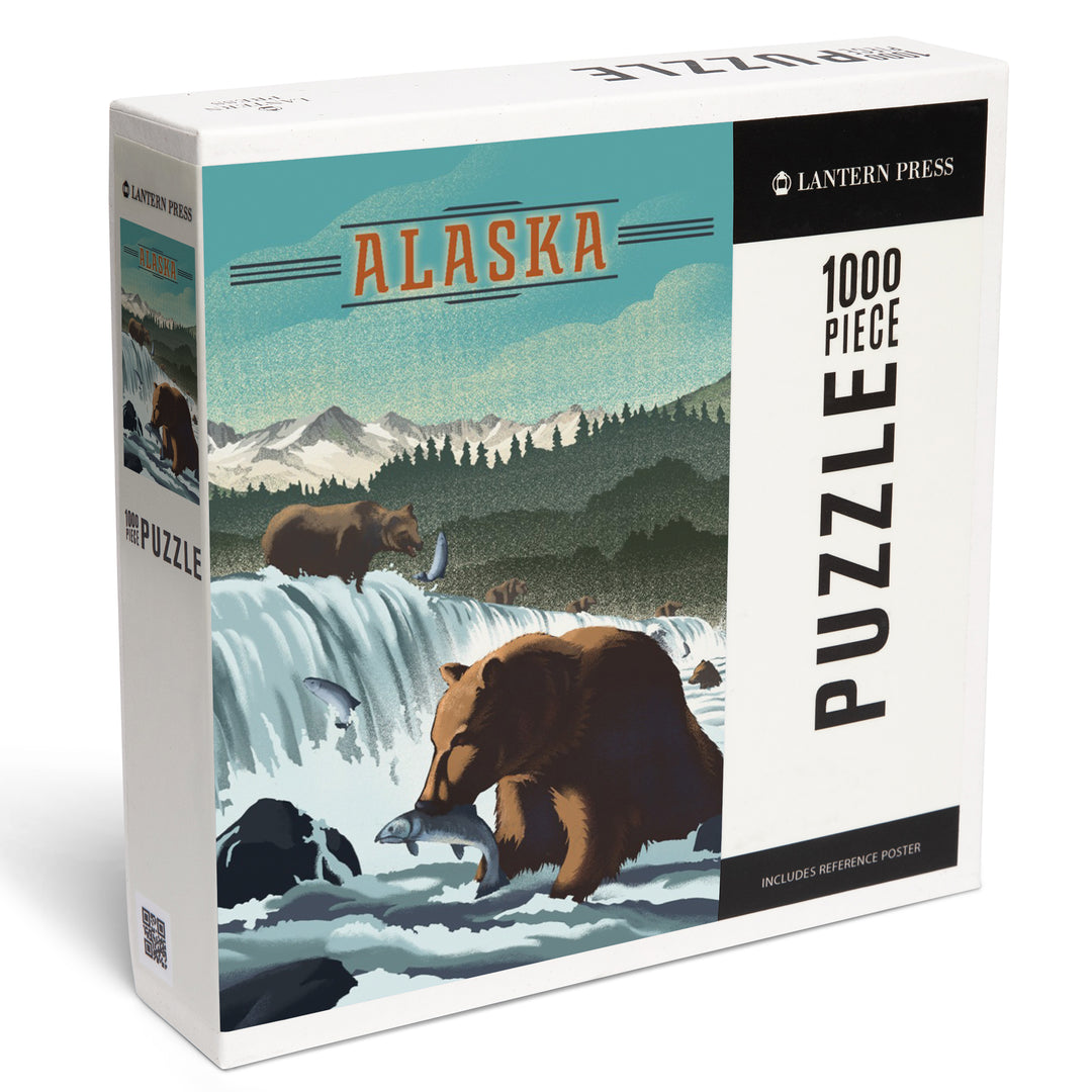 Alaska, Lithograph, Bears at Salmon Run, 1000 Piece Jigsaw Puzzle