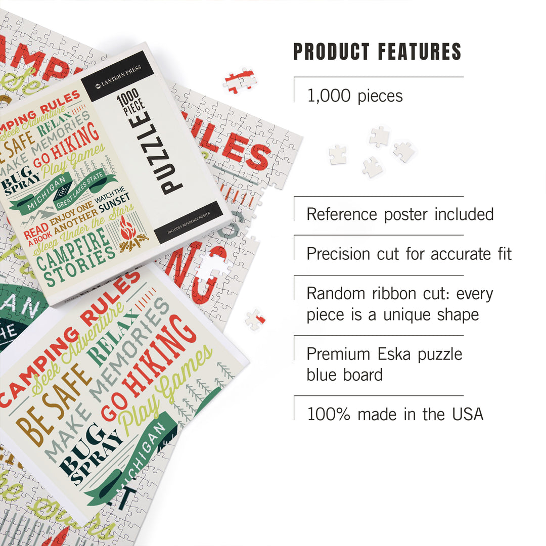 Lake Michigan, The Great Lakes State, Camping Rules, Typography Stacked, Jigsaw Puzzle