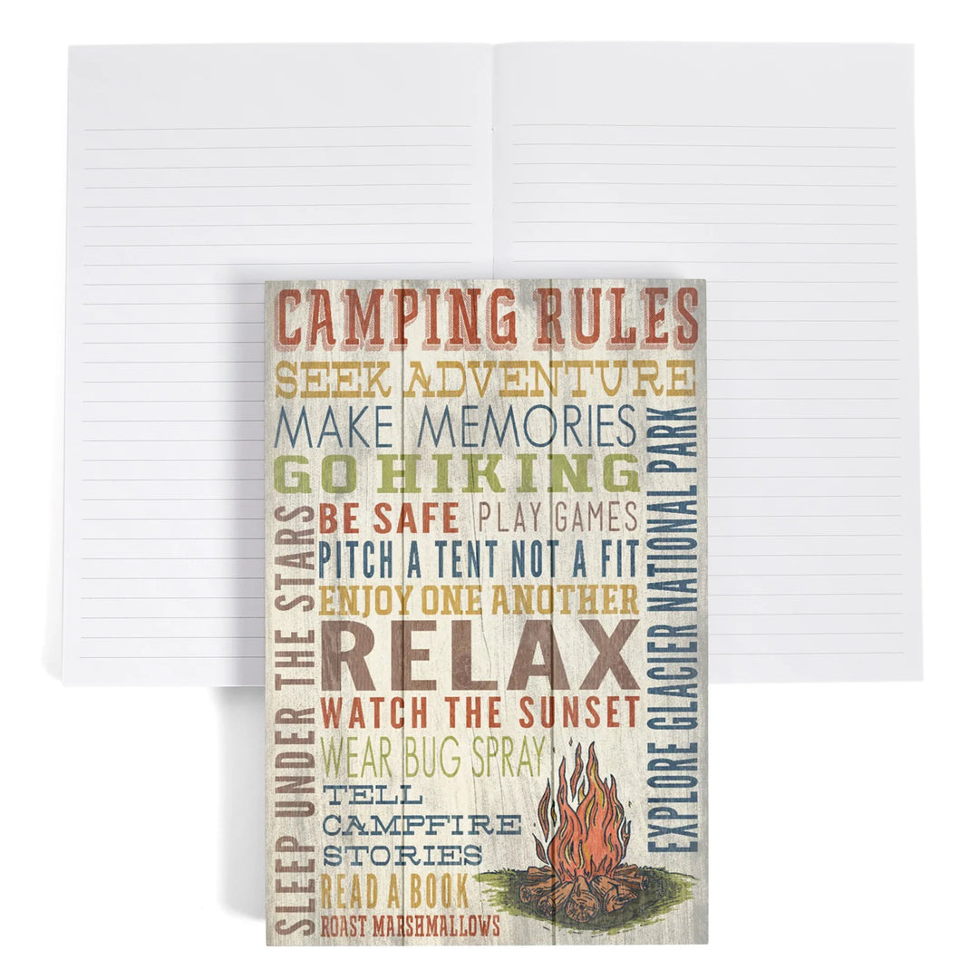 Lined 6x9 Journal, Explore Glacier National Park, Montana, Camping Rules, Rustic, Lay Flat, 193 Pages, FSC paper