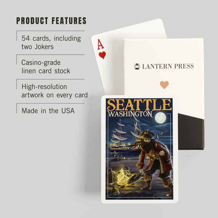 Playing Cards, Seattle, Washington, Pirate and Treasure, 52 Card Deck with Jokers in Box, Unique Art