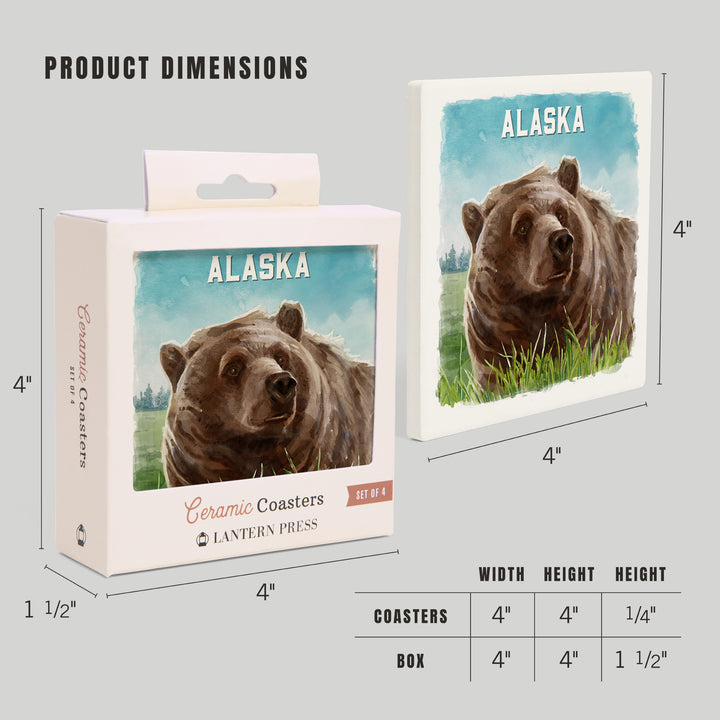 Alaska, Watercolor Study, Grizzly Bear, Coaster Set