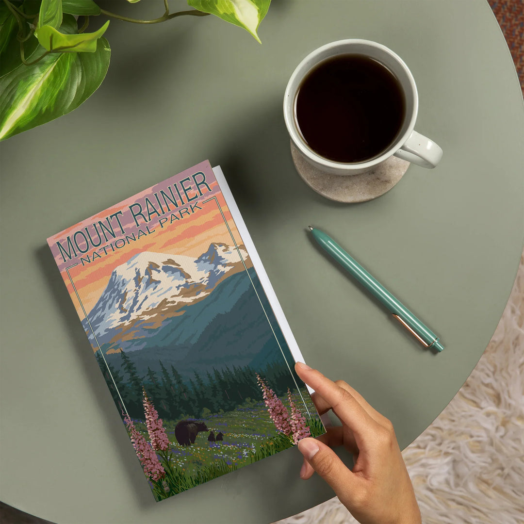 Lined 6x9 Journal, Mount Rainier National Park, Washington, Bear and Spring Flowers, Lay Flat, 193 Pages, FSC paper