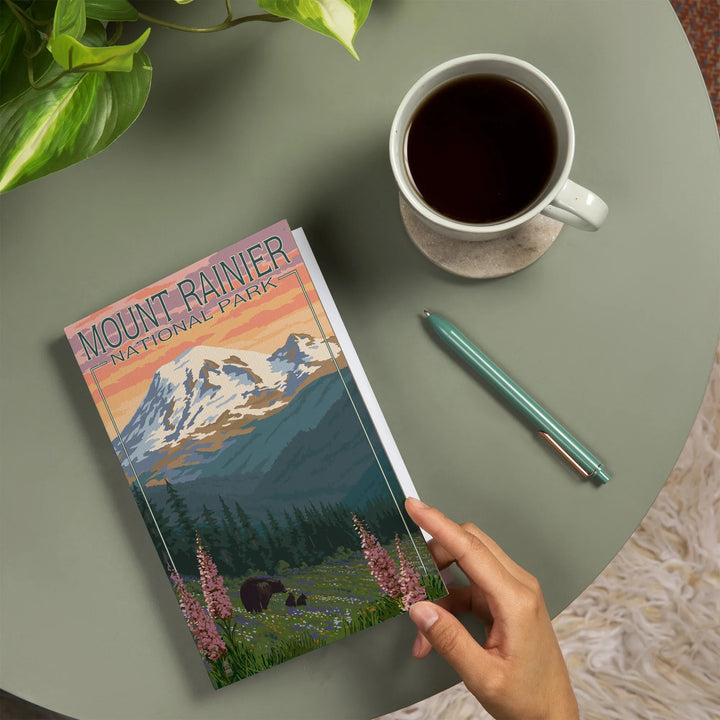 Lined 6x9 Journal, Mount Rainier National Park, Washington, Bear and Spring Flowers, Lay Flat, 193 Pages, FSC paper
