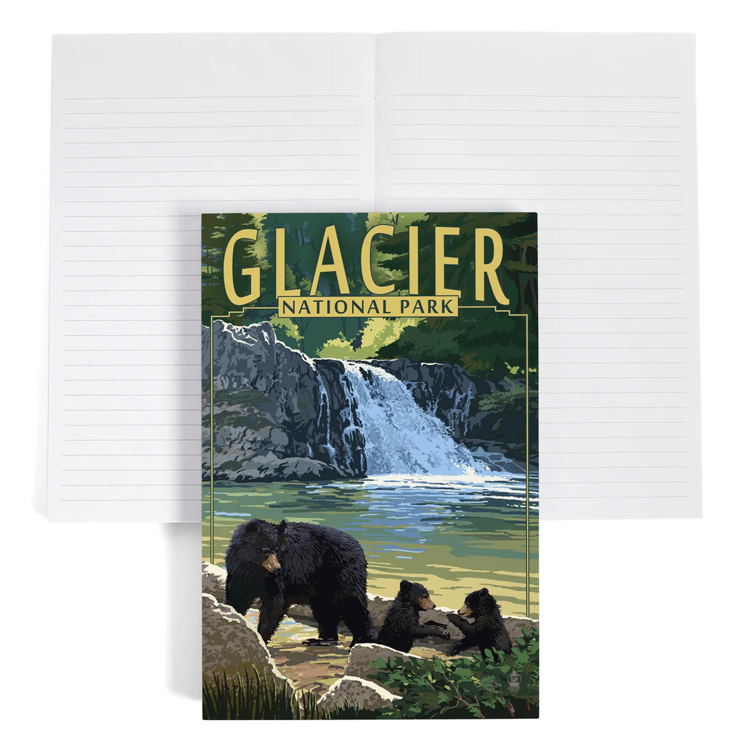 Lined 6x9 Journal, Glacier National Park, Bear Family and Waterfall, Lay Flat, 193 Pages, FSC paper