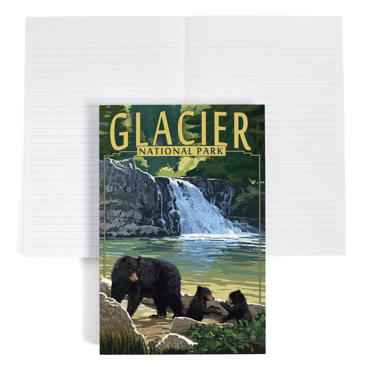Lined 6x9 Journal, Glacier National Park, Bear Family and Waterfall, Lay Flat, 193 Pages, FSC paper