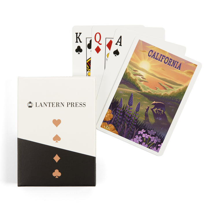 Playing Cards, California, Lithograph, Bear and Spring Flowers, Lake, 52 Card Deck with Jokers in Box, Unique Art
