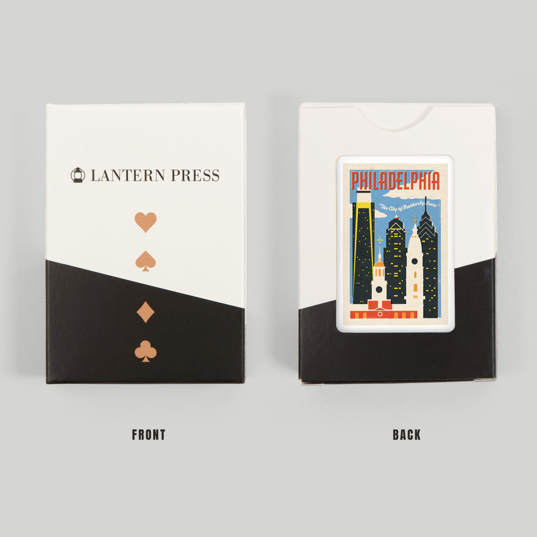 Playing Cards, Philadelphia, Pennsylvania, Woodblock City Series, Skyline, 52 Card Deck with Jokers in Box, Unique Art