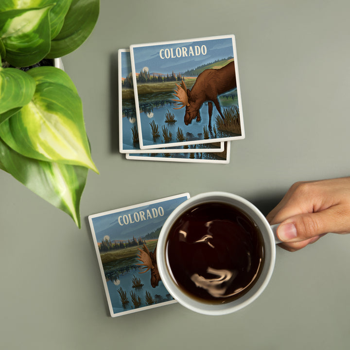 Colorado, Lithograph, Reflection Pond and Bull Moose, Coasters