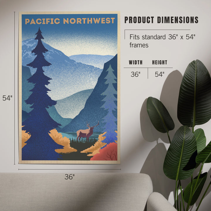 Pacific Northwest, Elk and Mountain Scene, Lithograph, Art & Giclee Prints
