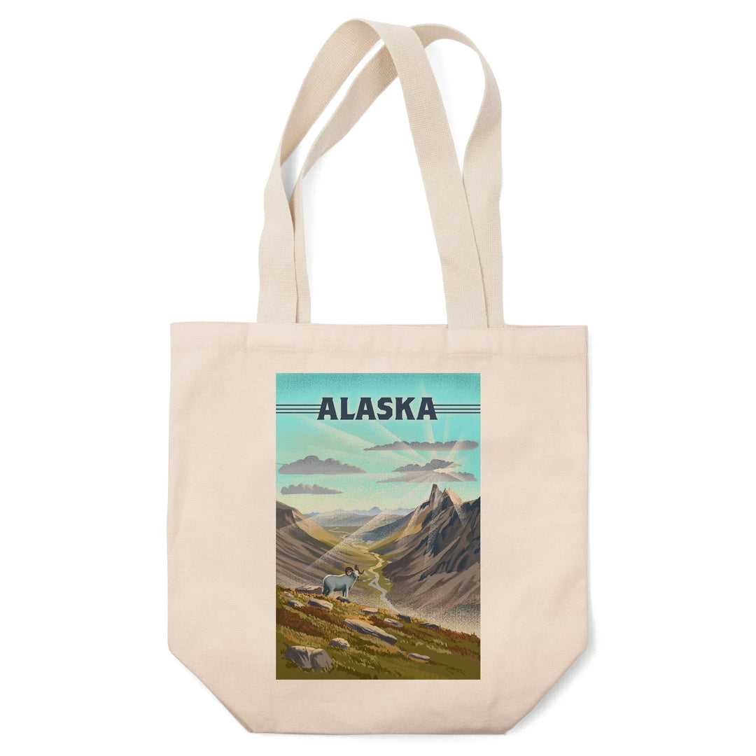 Alaska, Lithograph, Bighorn Sheep on Mountain, Tote Bag