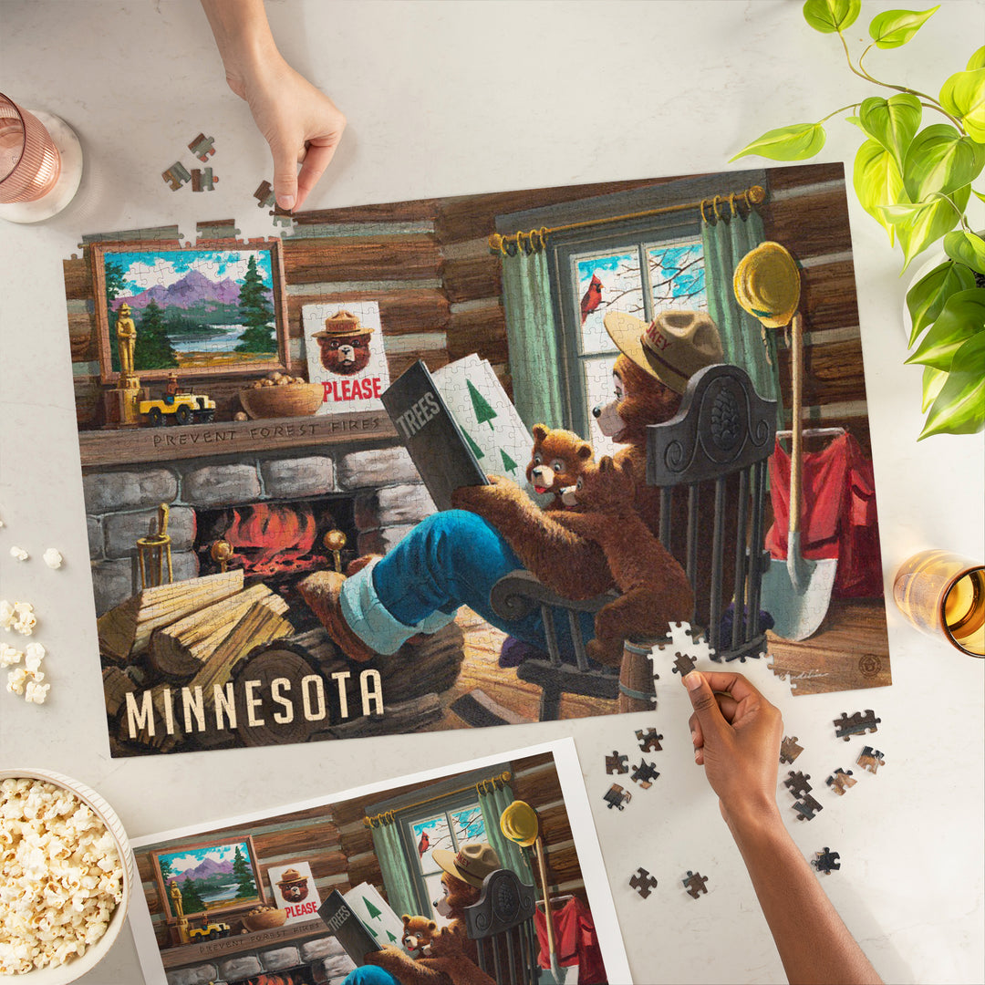Minnesota, Smokey Bear, Reading Book to Cubs, Vintage Poster, Jigsaw Puzzle