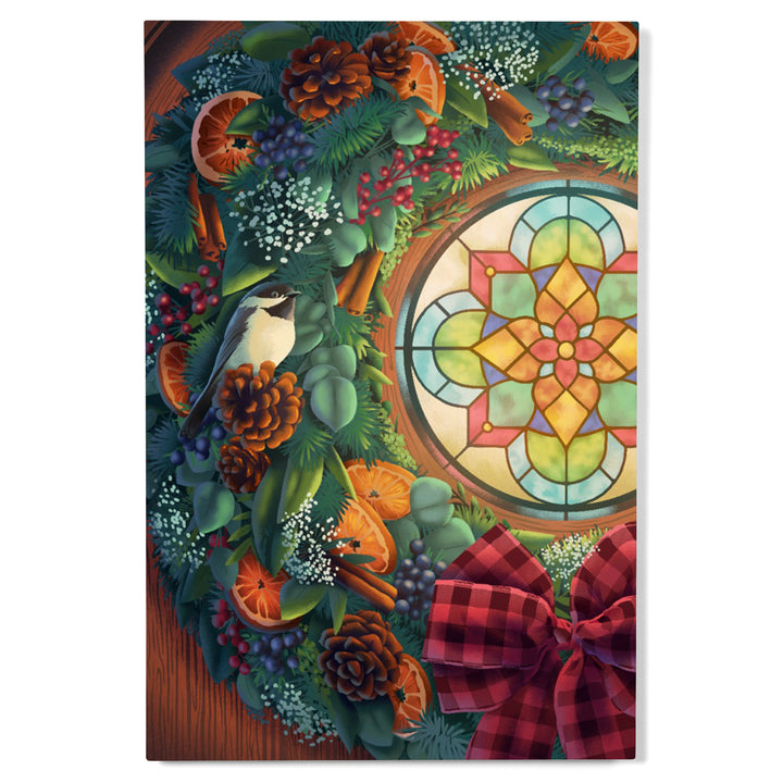 Christmas Wreath and Stained Glass Window, Wood Signs and Postcards