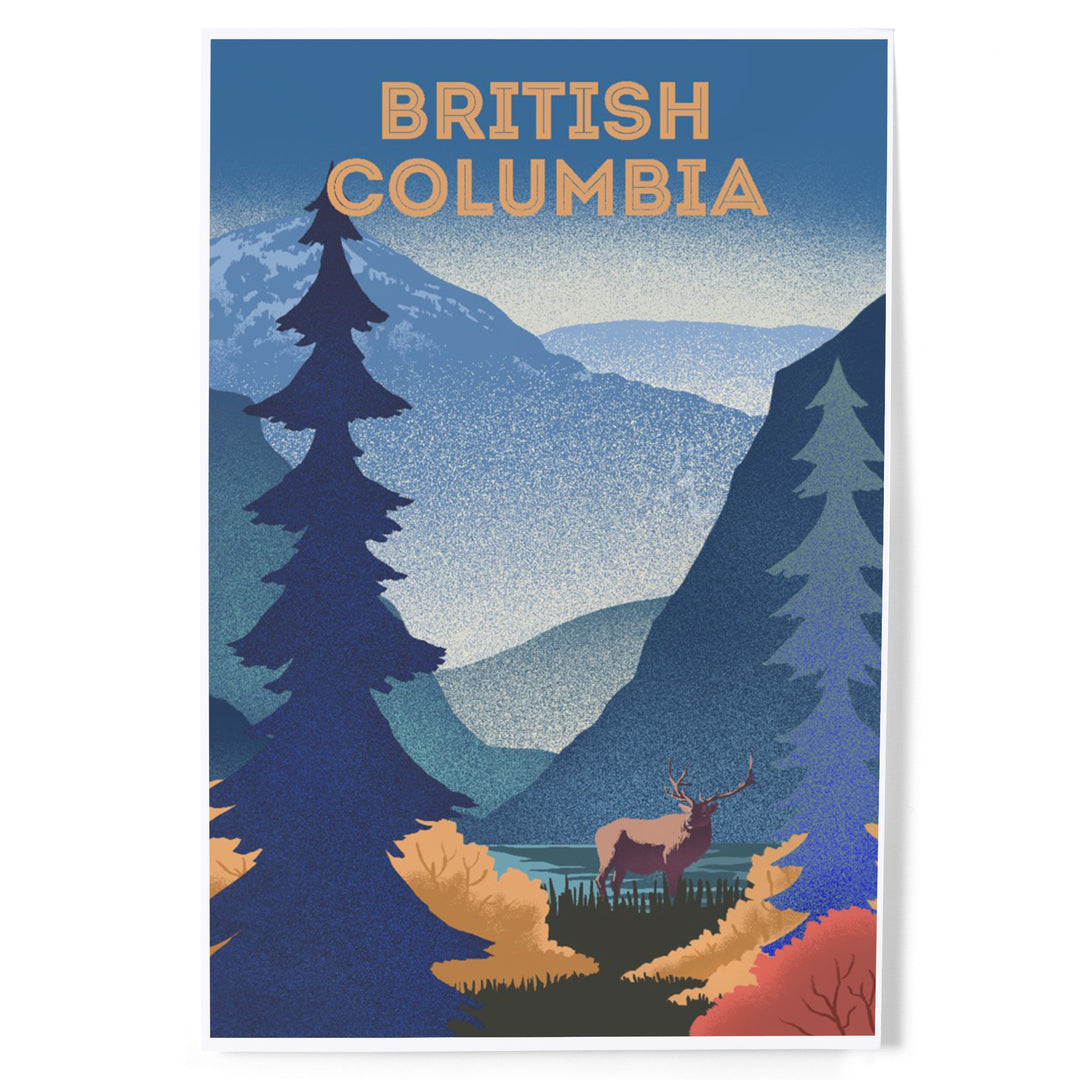 British Columbia, Lithograph, Elk and Mountains Scene, Art & Giclee Prints