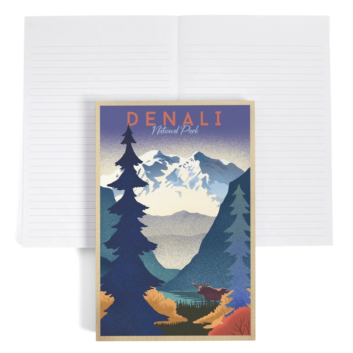 Lined 6x9 Journal, Denali National Park, Alaska, Mountain Scene, Lithograph, Lay Flat, 193 Pages, FSC paper