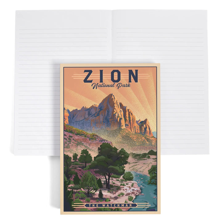 Lined 6x9 Journal, Zion National Park, Utah, The Watchman, Lithograph National Park Series, Lay Flat, 193 Pages, FSC paper