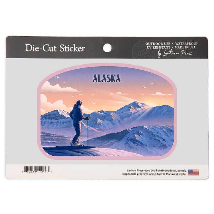Alaska, Lithograph, Skier At The Top, Vinyl Sticker